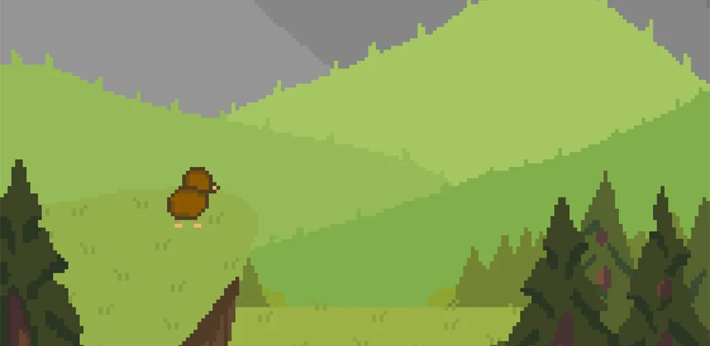 Kiwi key art, pixel bird flying over mountains